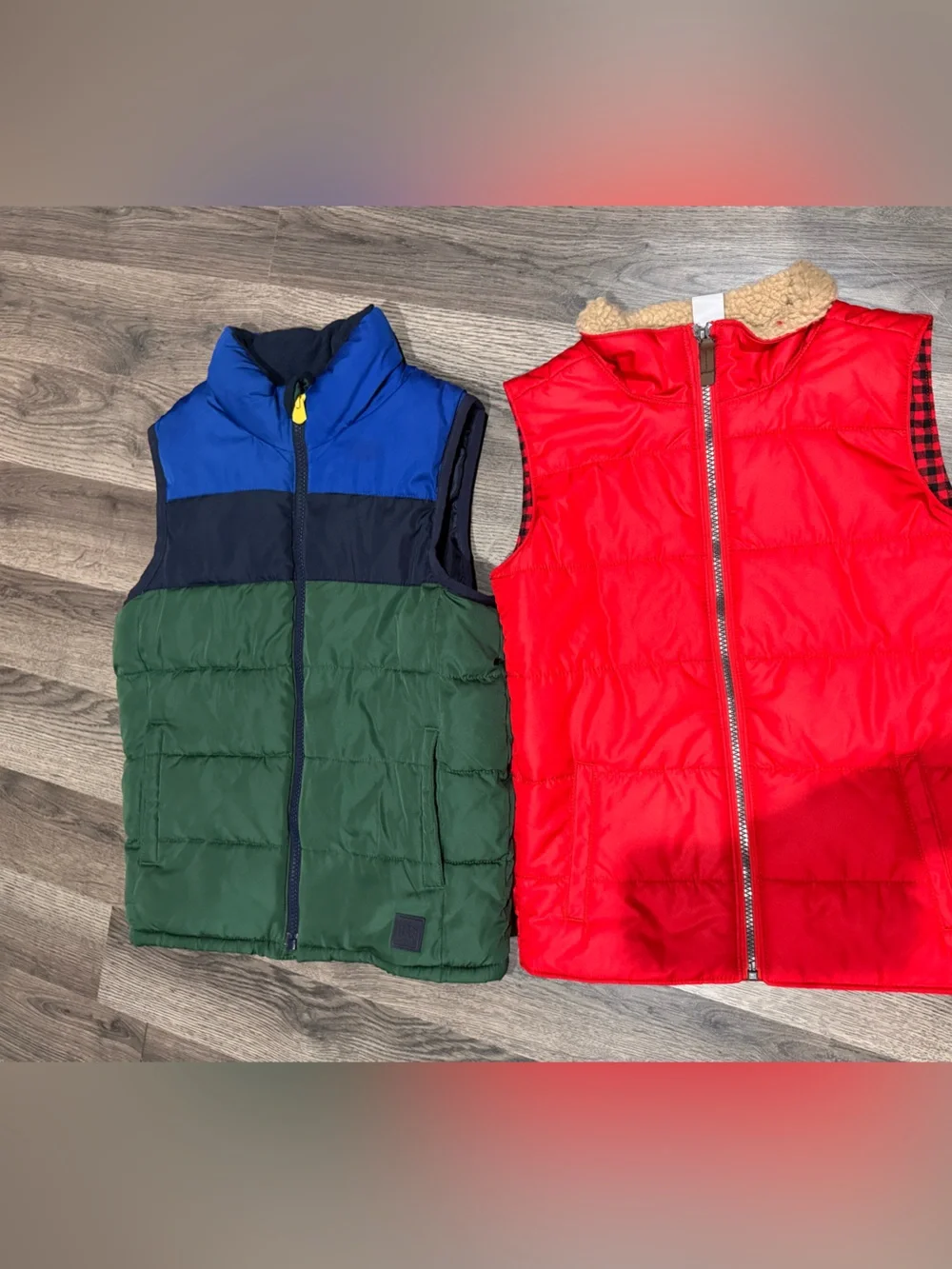 GAP Kids Colorblock Navy Blue Green Puffer Vest & GAP Red Quilted Vest
